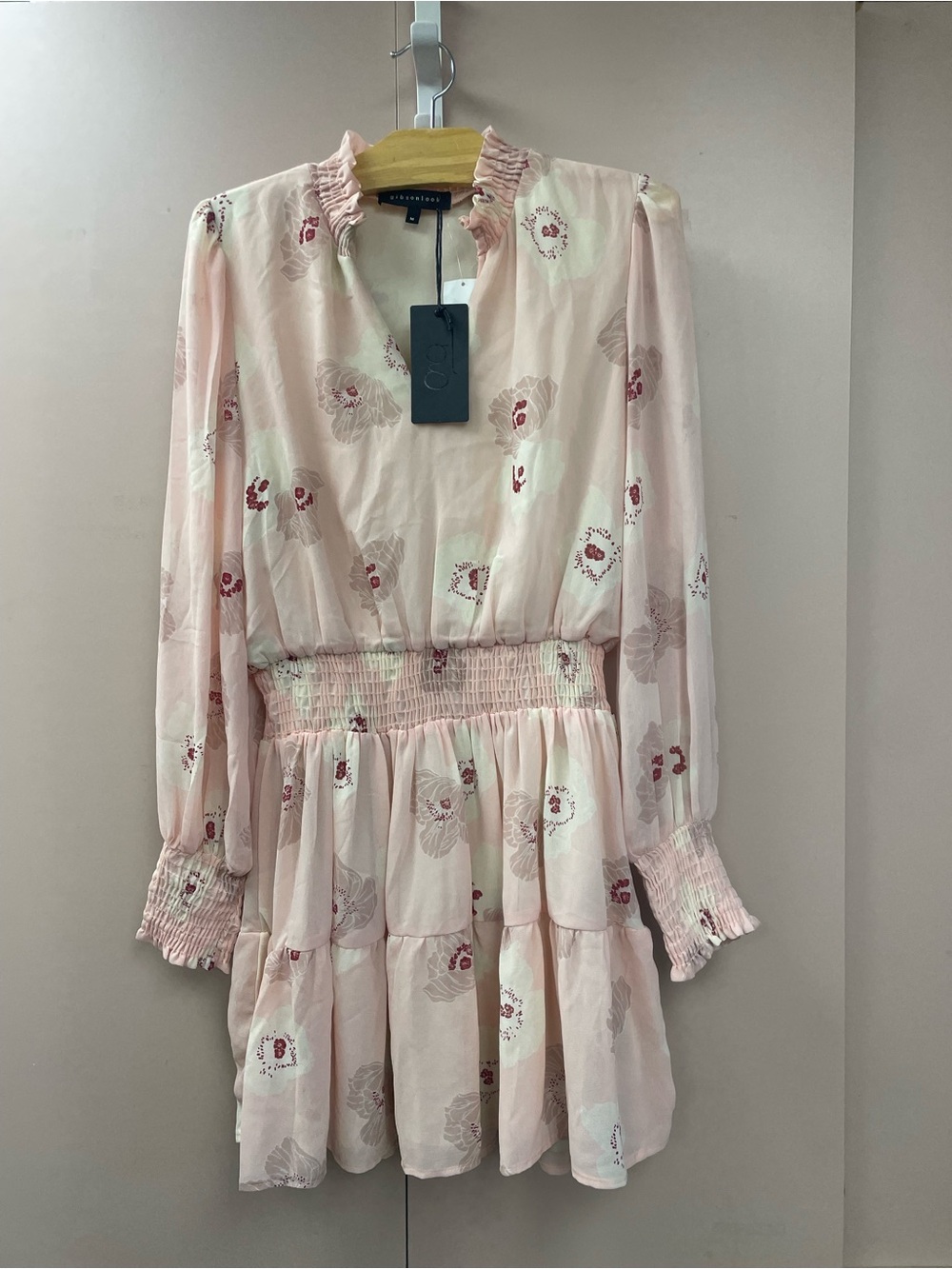 Gibson look NWT Pink Floral Smocked Waist Long Sleeve Mini Dress M